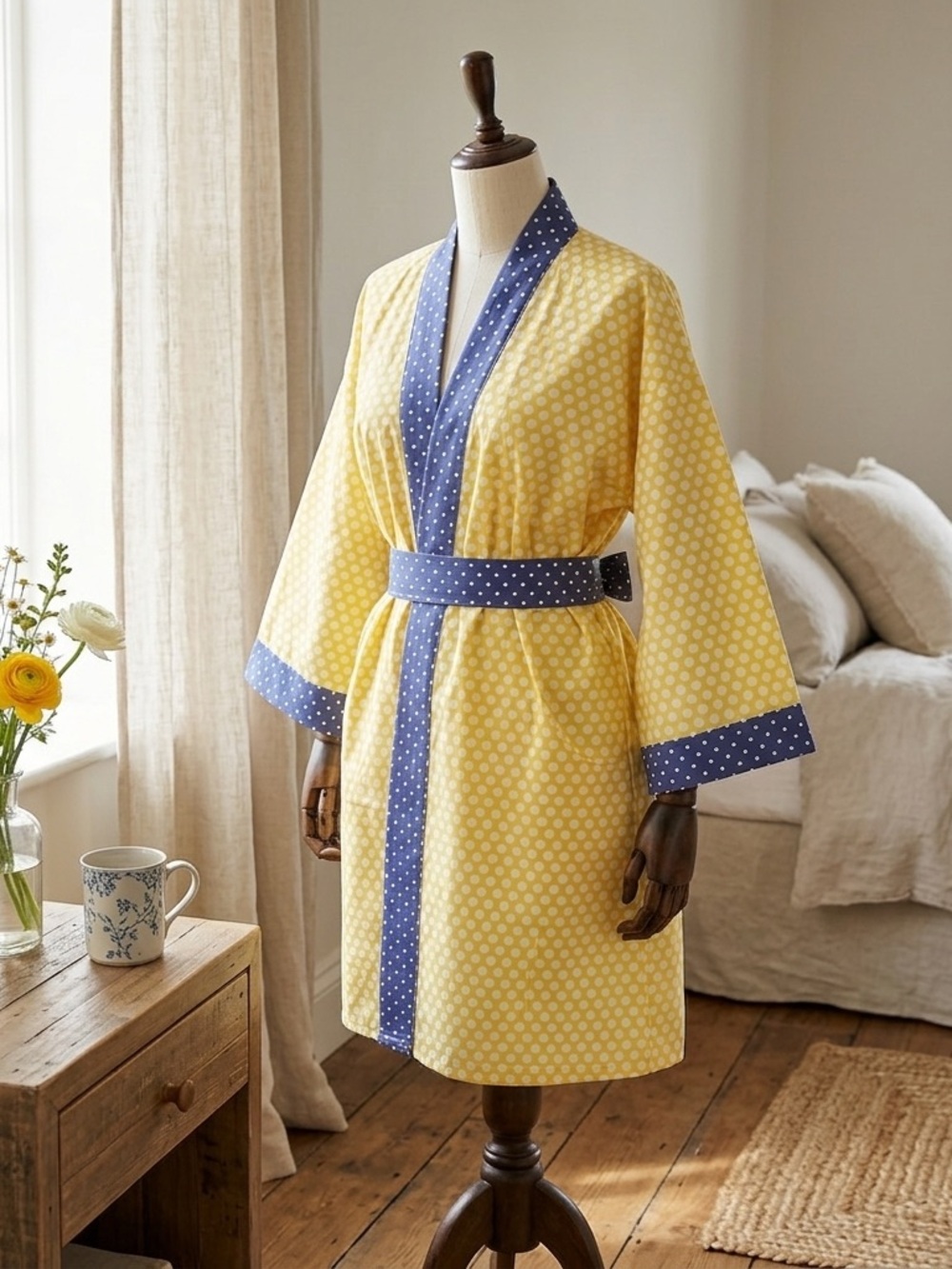 New Cotton Kimono Robe-Yellow Dot Short Getting Ready Robes Bridesmaid robe